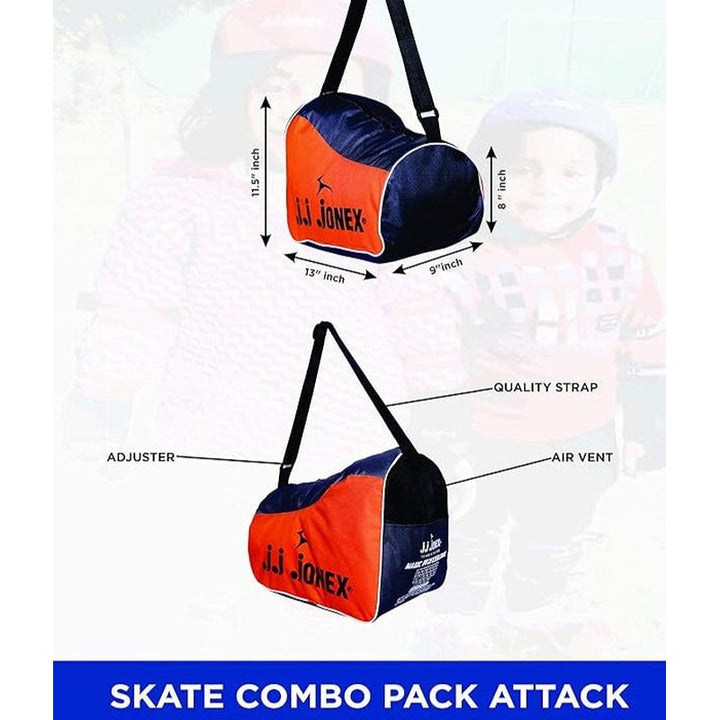 JJ Jonex Attack Adjustable Skates Combo (Skates + Helmet + Knee pad + Elbow pad + Skates Gloves + Key + Bag) (MYC) | Medium | Helmet - Black | 6-11 Years