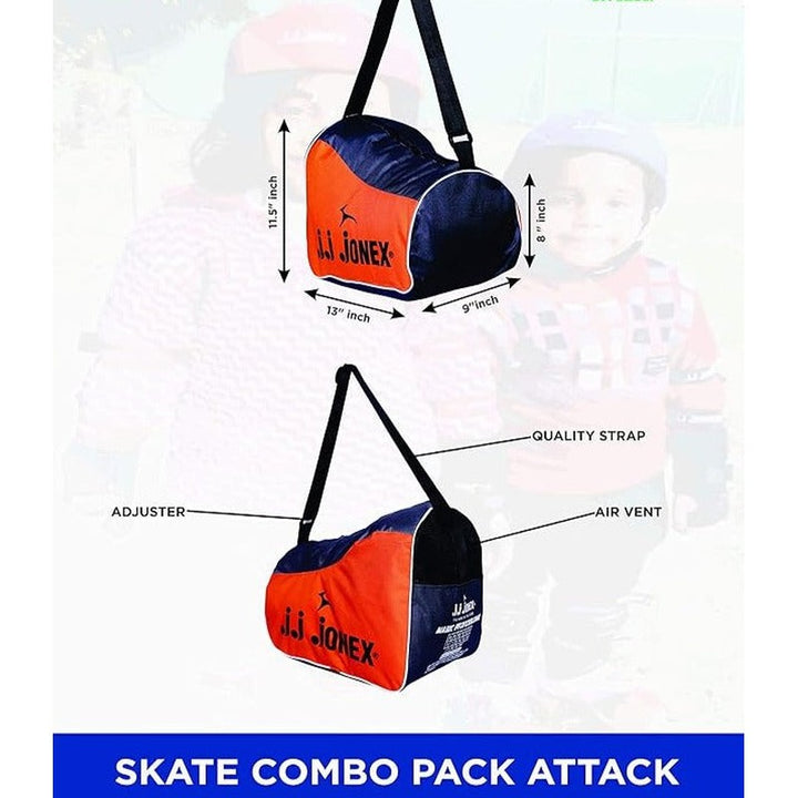 JJ Jonex Attack Adjustable Skates Combo (Skates + Helmet + Knee pad + Elbow pad + Skates Gloves + Key + Bag) (MYC) | Large | Helmet - Blue | 11 Years and Above