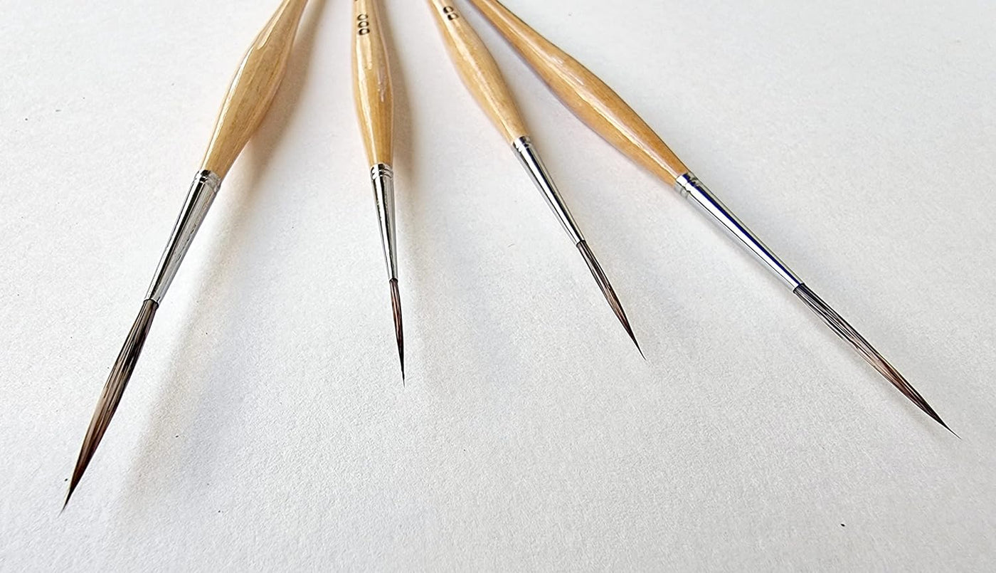 Set of 4 (000,00,0,1) Paint Brushes | Handmade Long Bristle Liner | Wood