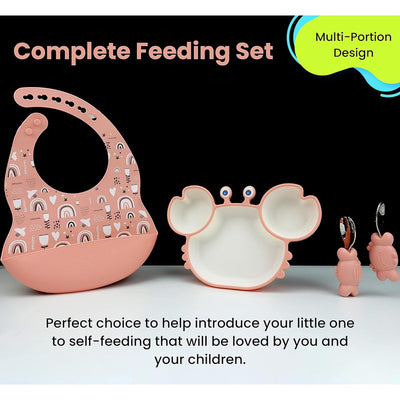 Cute Crab Silicon Weaning Set | Suction Plate for baby | Easy Grip Handle Spoon & Fork | Adjustable Printed Bib | Pink (Combo)