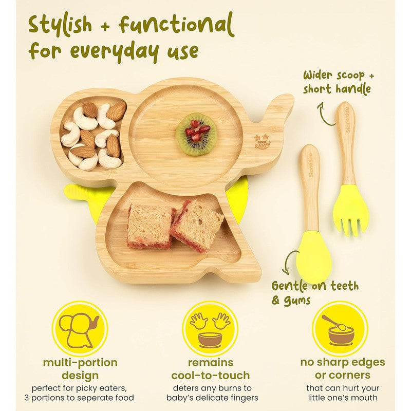 Cute Bamboo Tusker Suction Baby Plate for Kids and Baby-Led Weaning | 3 Sections | Natural Bamboo BPA Free Baby Plate (Yellow)