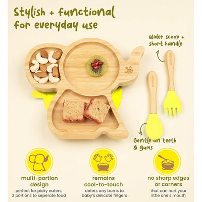 Cute Bamboo Tusker Suction Baby Plate for Kids and Baby-Led Weaning | 3 Sections | Natural Bamboo BPA Free Baby Plate (Yellow)