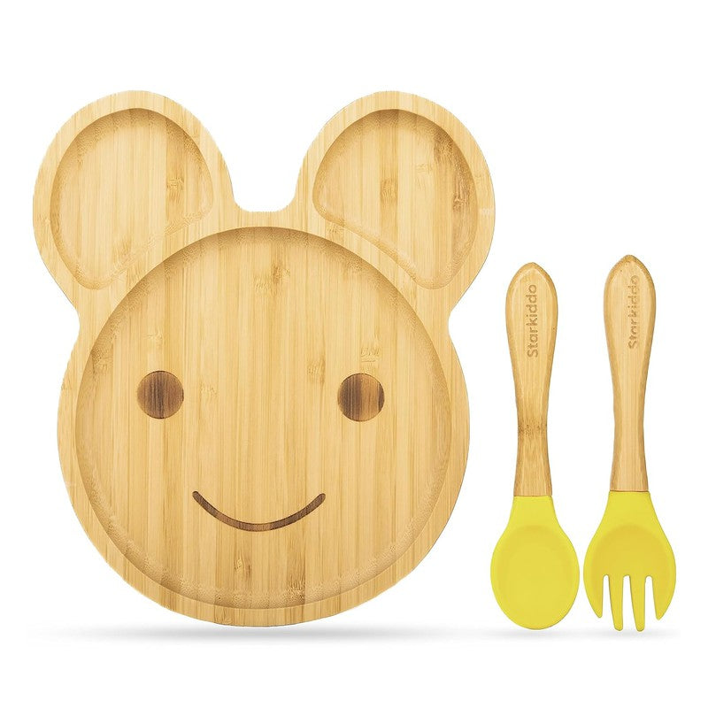 Teddy Bamboo Suction Plates for Baby and Toddler | Weaning Spoon & Fork | Yellow