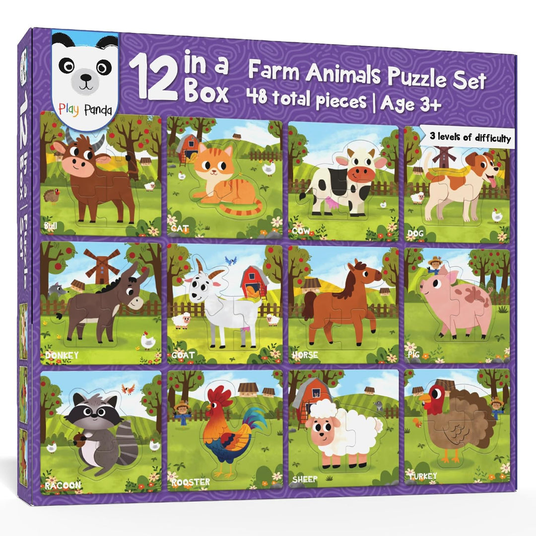 Play Panda 12 in 1 Farm Animals Puzzle Set I Preschool Educational Activity for Kids