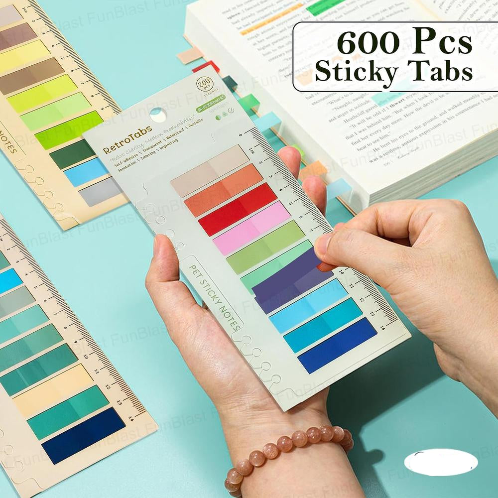 FunBlast Transparent Sticky Notes | Pastel Page Markers & Index Tabs with Ruler | 600 Pieces (Set 0f 3)