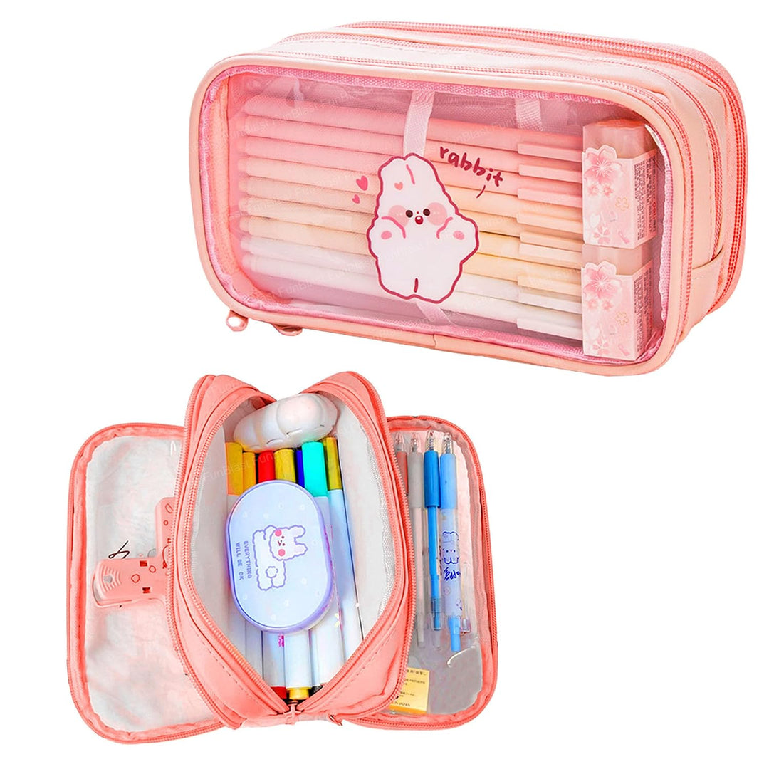 FunBlast Large Capacity Pencil Bag – Peach | 3 Compartment Transparent Pencil Pouch with Zipper