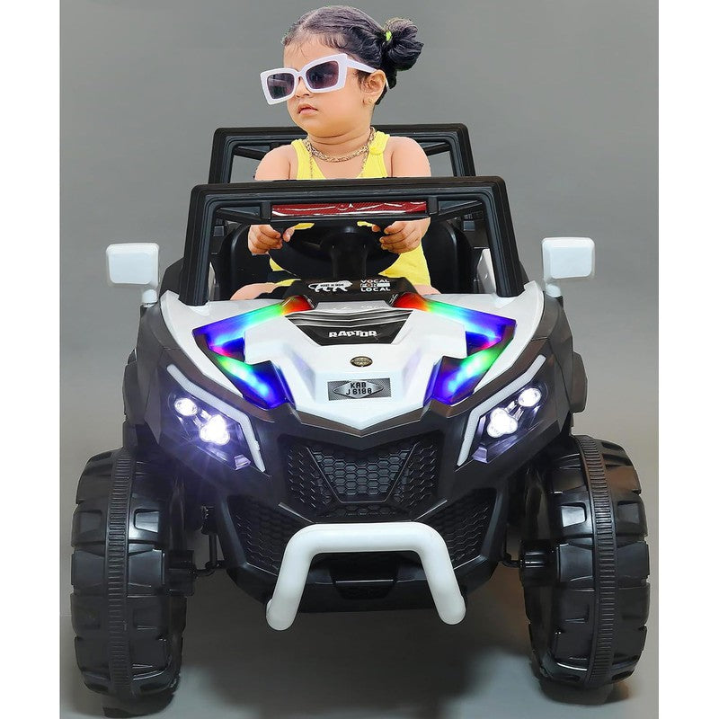 White Driving Jeep Ride on | Remote + Mobile App Control & Manual Steering Drive Car | Bluetooth Music Player | Loading Capacity of 50 Kg | COD Not Available