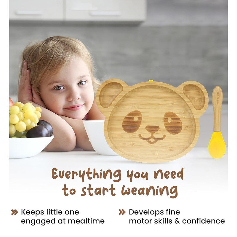 Adorable Panda Bamboo Suction Plates for Baby and Toddler | 3 Sections | Weaning Spoon |Yellow