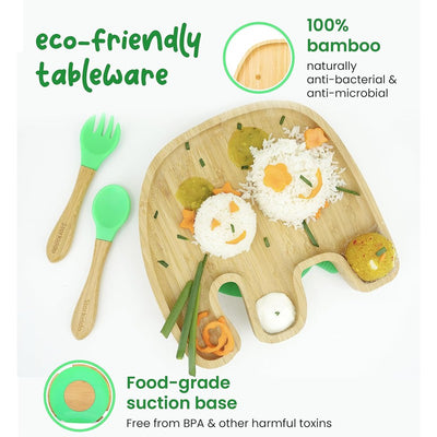 Jumbo Bamboo Suction Plates for Baby and Toddler | Weaning Spoon & Fork | Green