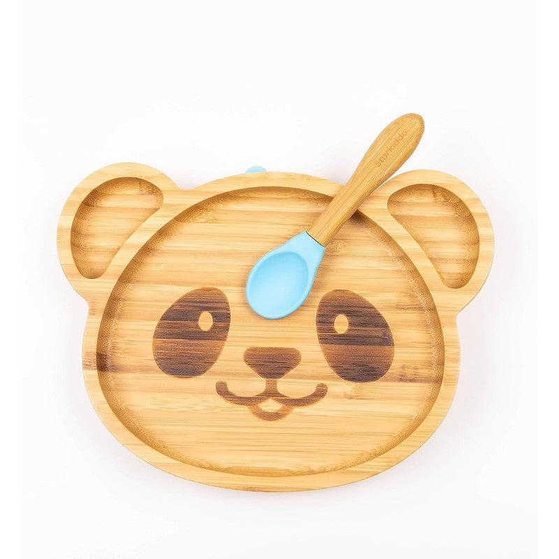 Adorable Panda Bamboo Suction Plates for Baby and Toddler | 3 Sections | Weaning Spoon | Blue