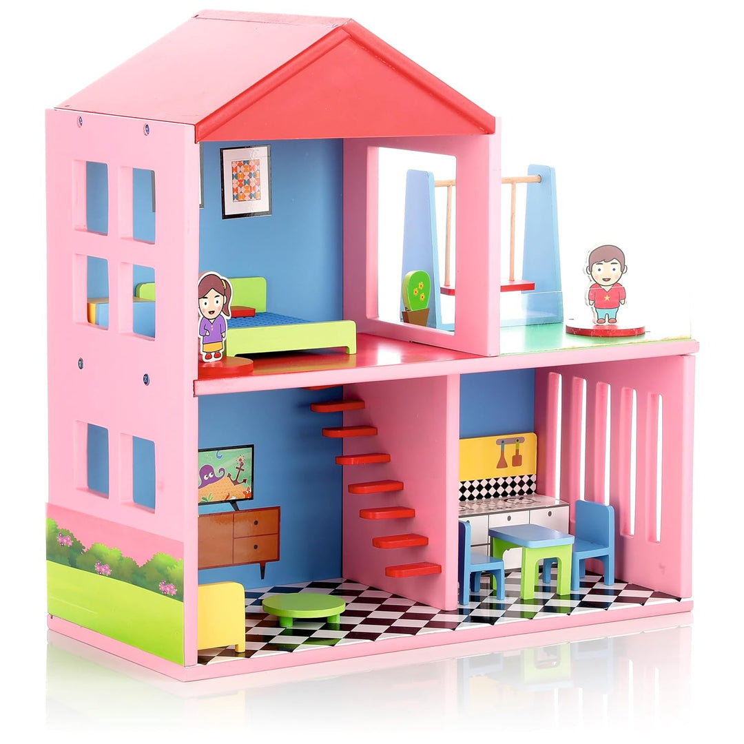 Chanak Big Wooden My Doll House | 4-Room Pretend Play Set | 16 Pieces