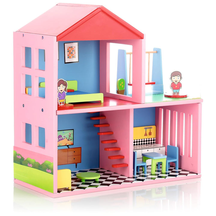 Chanak Big Wooden My Doll House | 4-Room Pretend Play Set | 16 Pieces