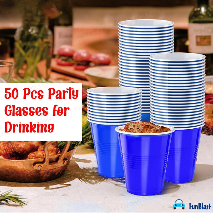 FunBlast Party Drinking Glasses | Pack of 50 Reusable & Leakproof Party Cups | Blue | 500 ml