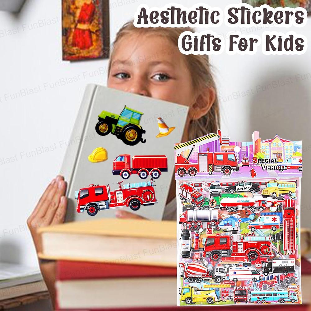 FunBlast Vehicle Theme 3D Puffy Stickers for Kids | Red Vehicle Kawaii Self-Adhesive Foam Stickers