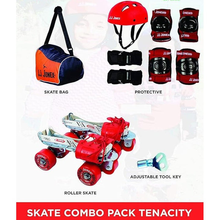 JJ Jonex Unisex Tenacity Adjustable Skates Combo (Skates + Helmet + Knee Pad + Elbow Pad + Skates Gloves + Key + Bag) (MYC) | Medium | Red |  6-11 Years