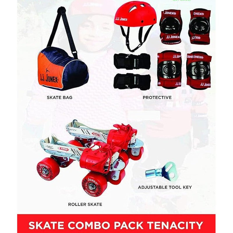 Unisex Tenacity Adjustable Skates Combo (Skates + Helmet + Knee Pad + Elbow Pad + Skates Gloves + Key + Bag) (MYC) | Medium | Red