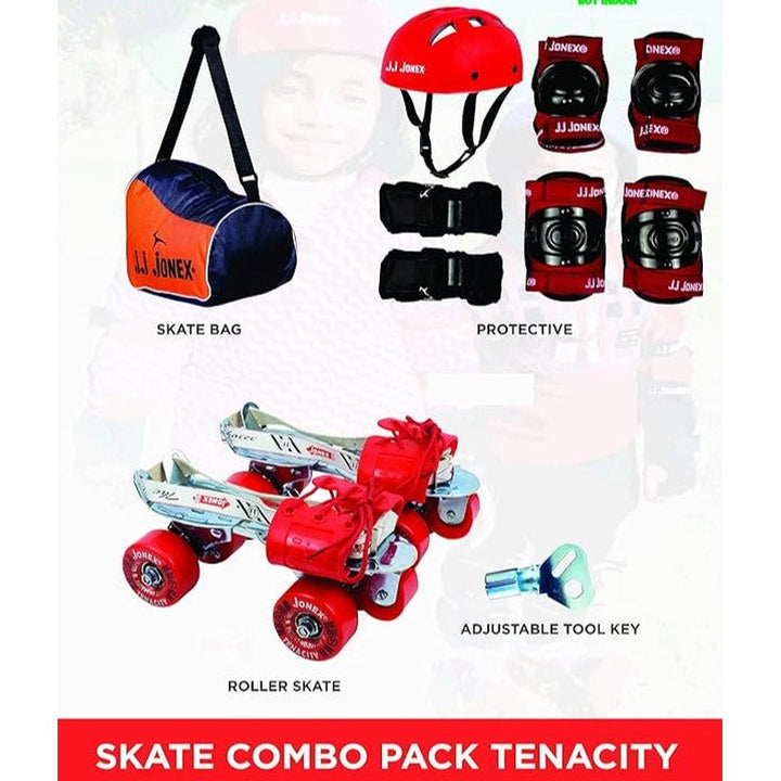 JJ Jonex Unisex Tenacity Adjustable Skates Combo (Skates + Helmet + Knee Pad + Elbow Pad + Skates Gloves + Key + Bag) (MYC) | Large | Red | 11 Years and Above