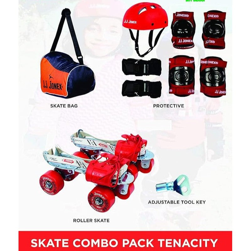 Unisex Tenacity Adjustable Skates Combo (Skates + Helmet + Knee Pad + Elbow Pad + Skates Gloves + Key + Bag) (MYC) | Large | Red