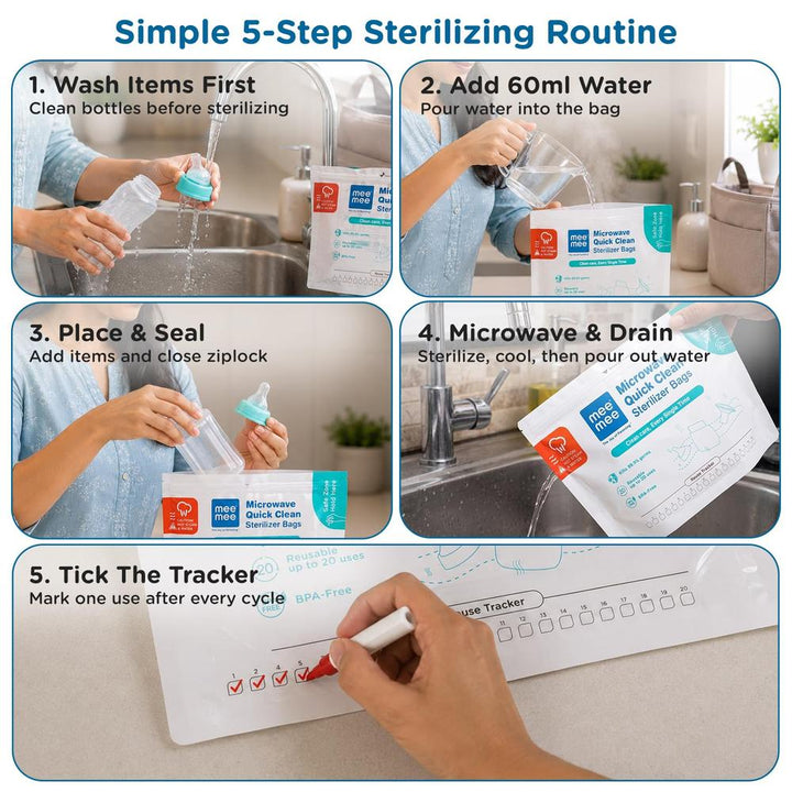 Mee Mee Microwave Quick Clean Sterilizer Bags | Pack of 10 | BPA-Free Baby Feeding Accessory Sterilization Bags