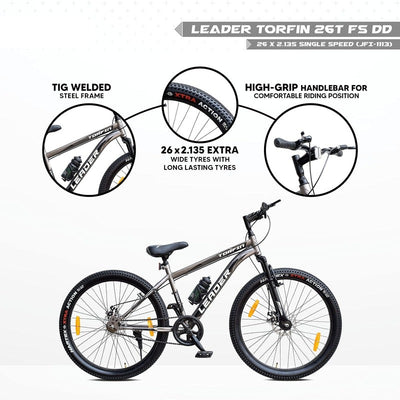 Torfin 26T MTB Cycle with Dual Disc Brake & Front Suspension (Grey) | 12+ Years (COD Not Available)