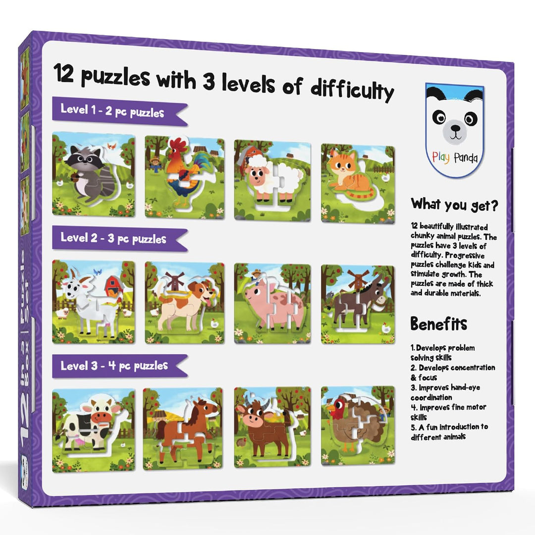 Play Panda 12 in 1 Farm Animals Puzzle Set I Preschool Educational Activity for Kids