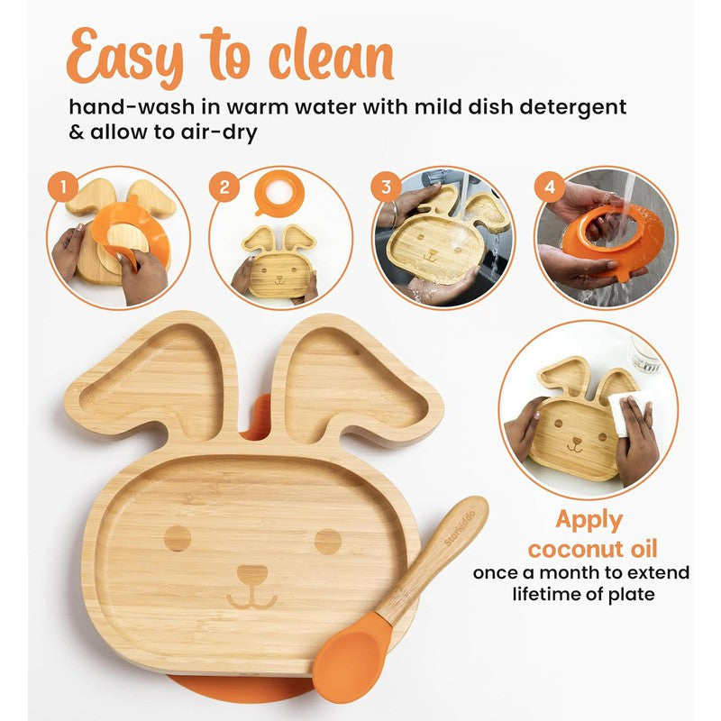 Bunny Bamboo Suction Plates for Baby and Toddler | 3 Sections | Weaning Spoon | Orange