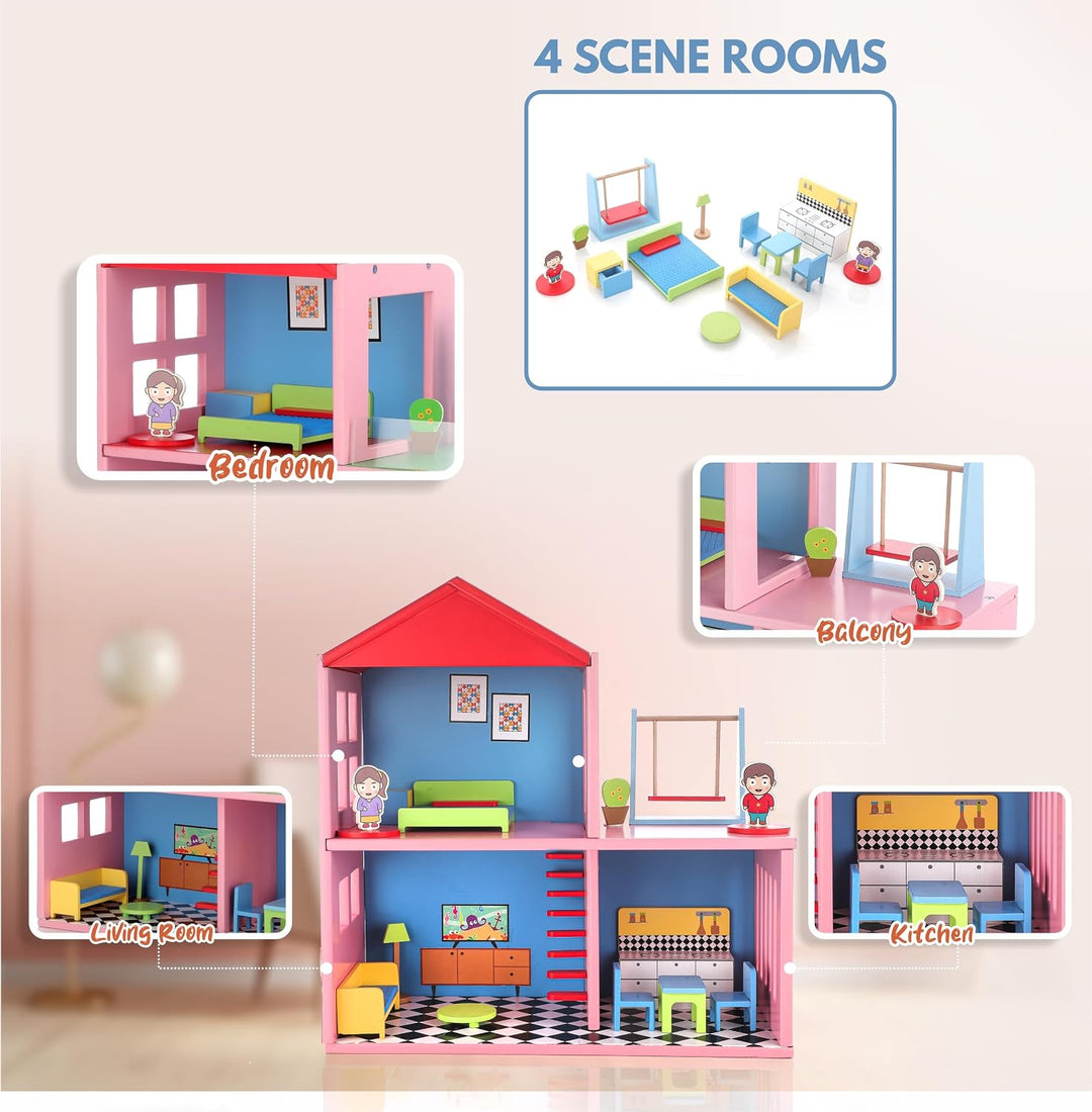 Chanak Big Wooden My Doll House | 4-Room Pretend Play Set | 16 Pieces