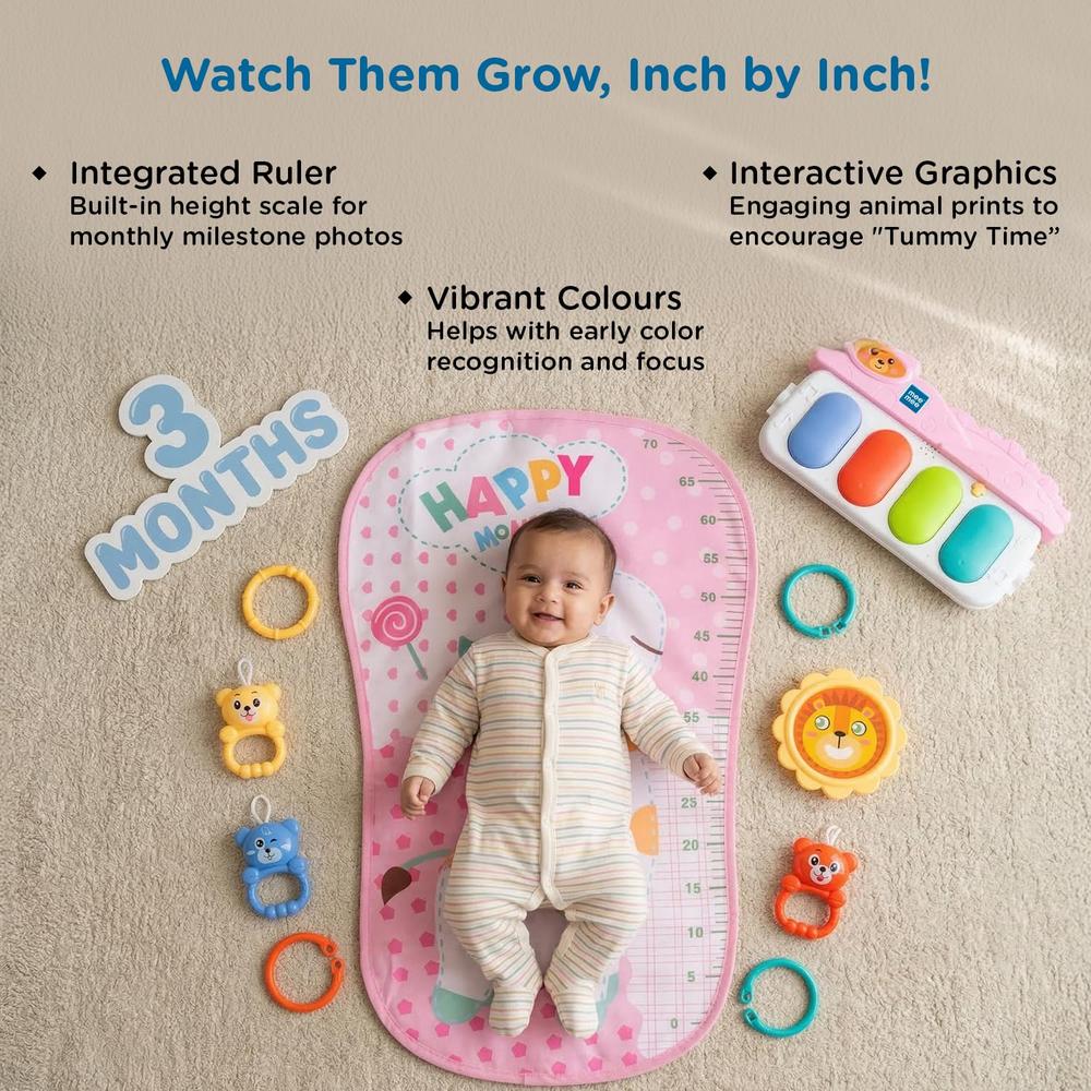 Mee Mee Melody Mat Interactive Playmat & Activity Gym | 3-in-1 Kick & Play Musical Piano Mat with Lights with Hanging Rattle Toys & Teethers - Pink