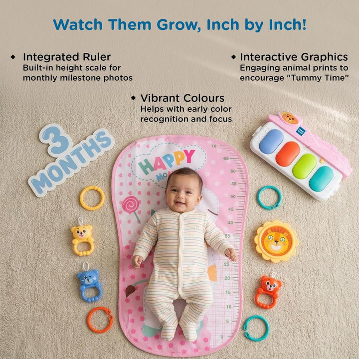 Mee Mee Melody Mat Interactive Playmat & Activity Gym | 3-in-1 Kick & Play Musical Piano Mat with Lights with Hanging Rattle Toys & Teethers - Pink