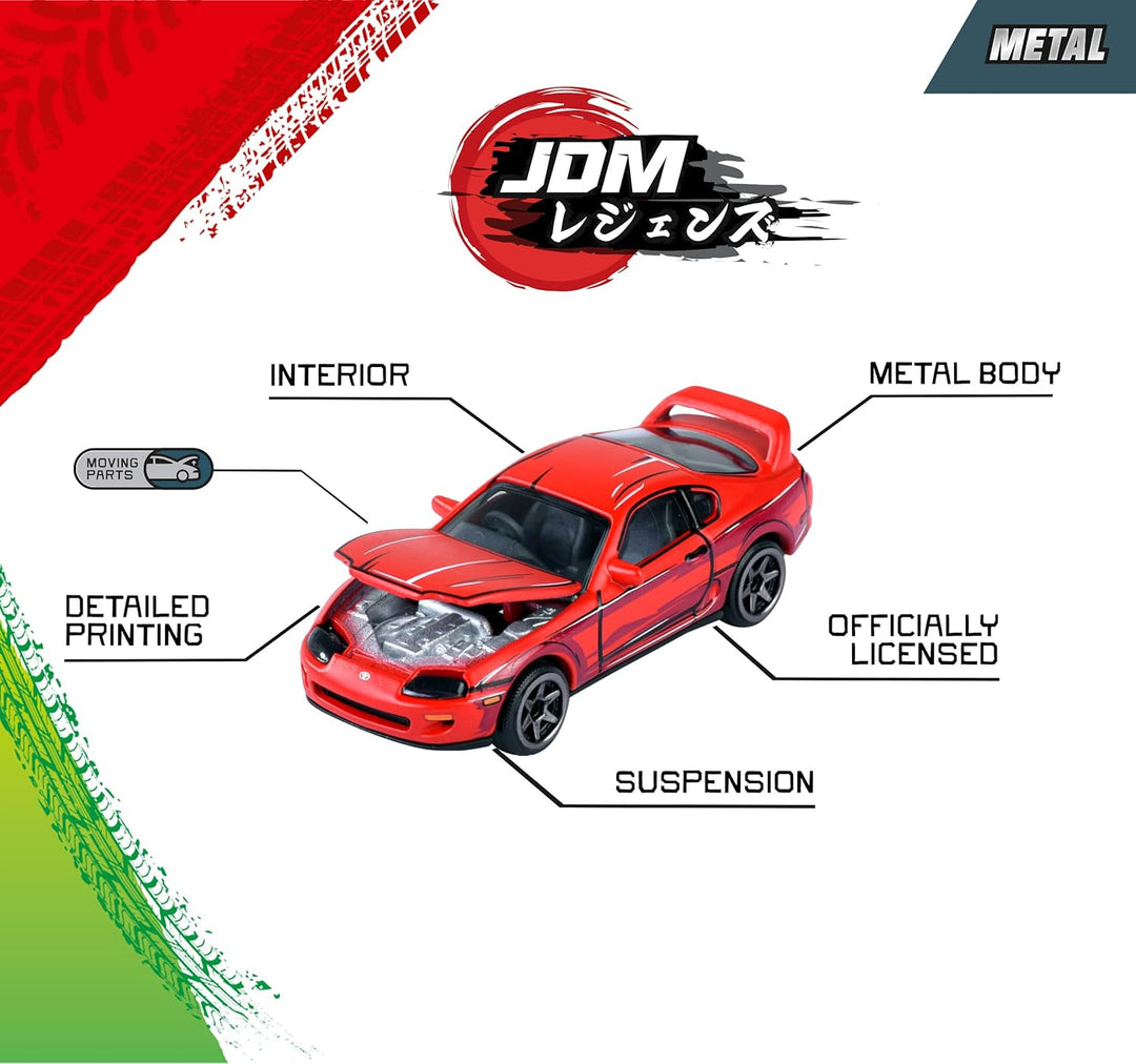 Set of 5 Licensed Majorette Diecast Cars (JDM Legends) - Honda Civic Type R EK9, Nissan Cefiro A31, Nissan Skyline GT-R R34, Toyota Supra JZA80, Mitsubishi Lancer Evolution 9