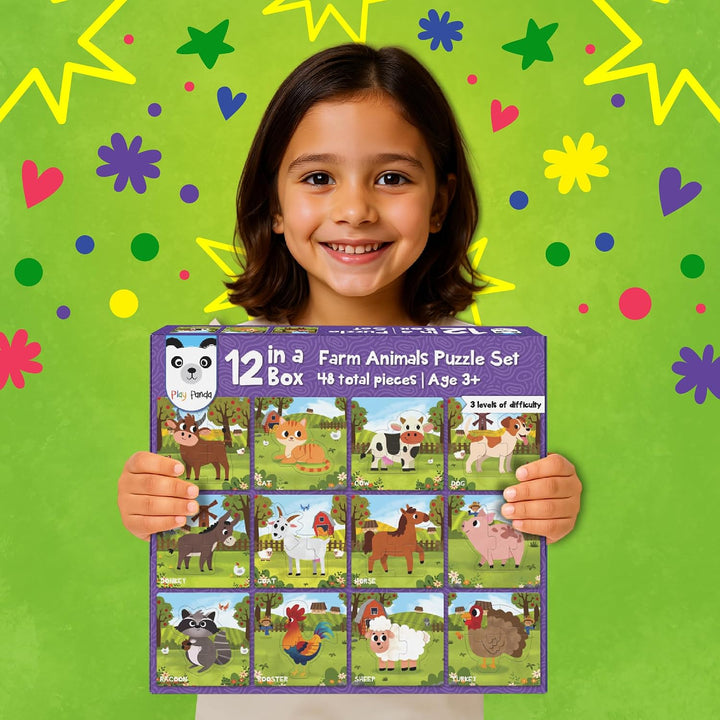 Play Panda 12 in 1 Farm Animals Puzzle Set I Preschool Educational Activity for Kids