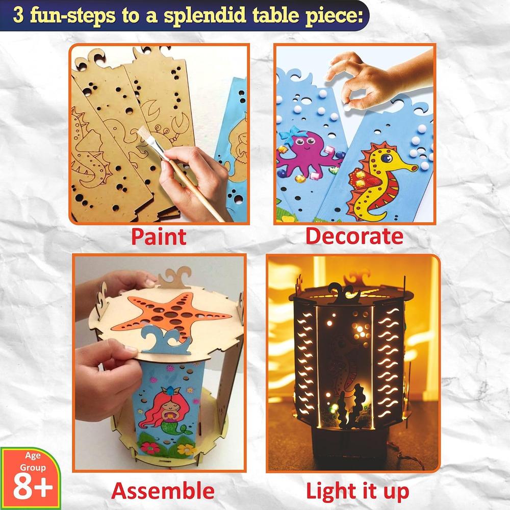 Happy Kidz Make Your Own Lantern DIY Craft Kit | Ocean Theme Wooden Lantern Making Set | Paint, Decorate & Assemble Activity for Kids