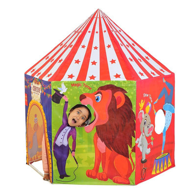 Circus Playhouse Tent for Kids with Hanging LED Light, Peep Holes, Ticket Pocket and Joker Face Mask