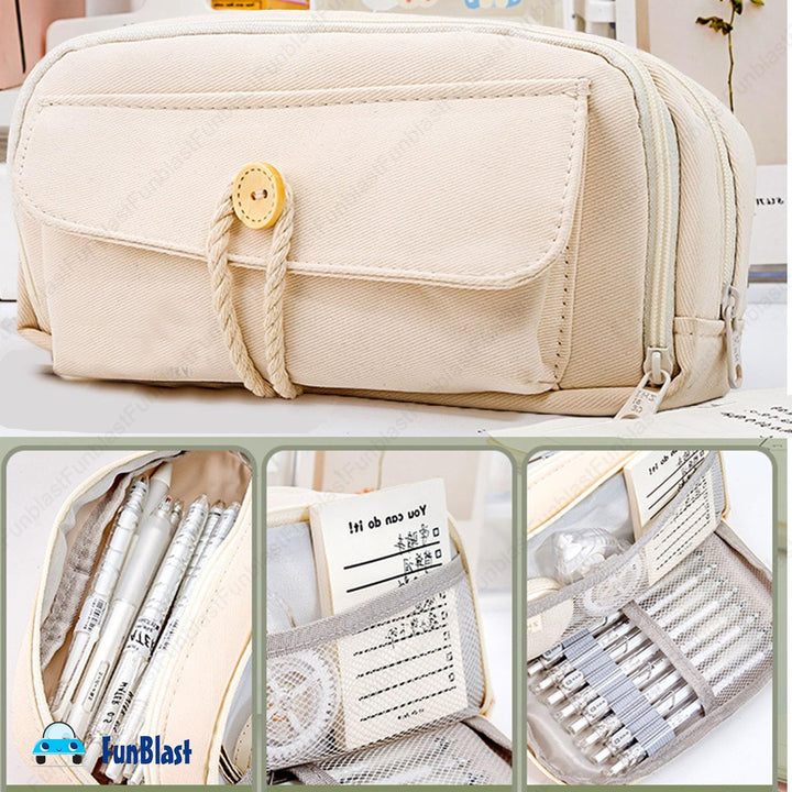 FunBlast Beige Pencil Pouch | Large Capacity Stationery Organizer & Multipurpose Zipper Case for Kids