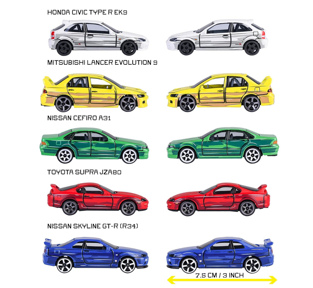 Set of 5 Licensed Majorette Diecast Cars (JDM Legends) - Honda Civic Type R EK9, Nissan Cefiro A31, Nissan Skyline GT-R R34, Toyota Supra JZA80, Mitsubishi Lancer Evolution 9