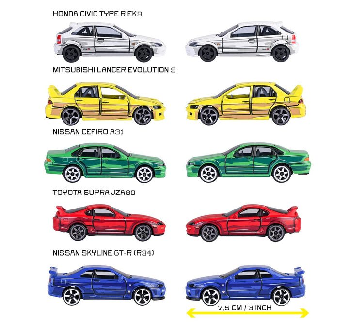 Set of 5 Licensed Majorette Diecast Cars (JDM Legends) - Honda Civic Type R EK9, Nissan Cefiro A31, Nissan Skyline GT-R R34, Toyota Supra JZA80, Mitsubishi Lancer Evolution 9
