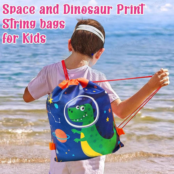 FunBlast Space & Dinosaur Return Gift Bags | Pack of 6 Reusable Non-Woven Drawstring Bags