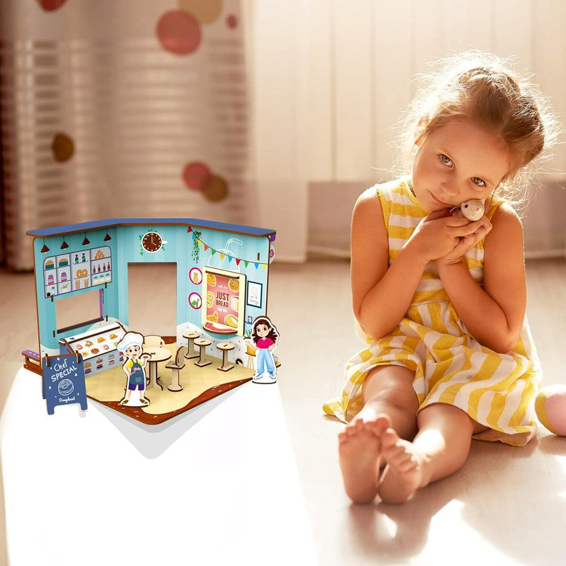 DIY Wooden Kids Cafe Playhouse Doll House Set - Multicolour