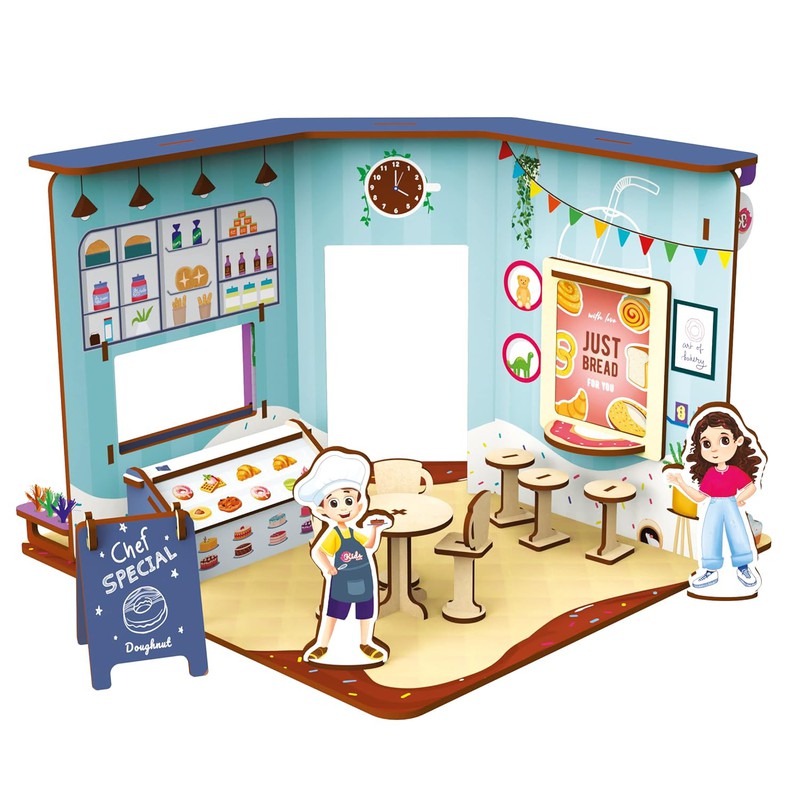 DIY Wooden Kids Cafe Playhouse Doll House Set - Multicolour