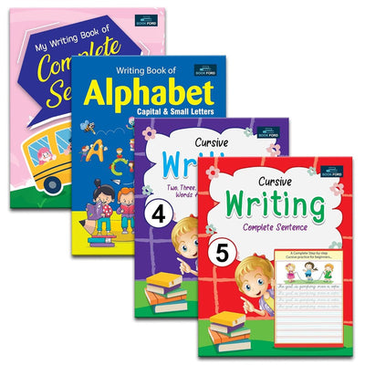 Writing Book For Kids - Set Of 4 Books - Alphabet Capital & Small , Cursive Writing Words(2-5) & Sentences , Cursive Writing Complete Sentences , And My Writing Book Of Complete Sentences