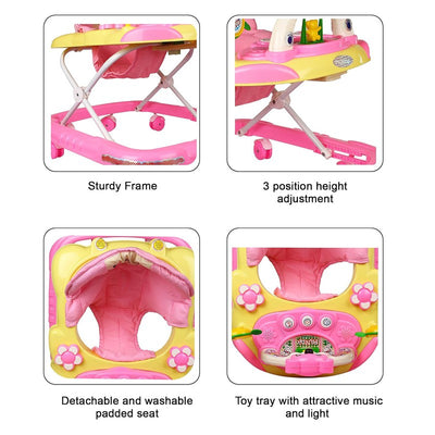 Baby Musical Foldable & Height Adjustable Walker with Parental Handle (Pink)