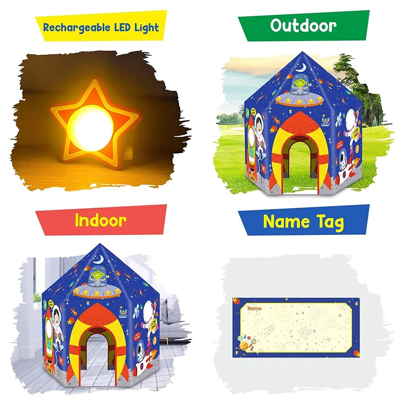 Space Playhouse Tent for Kids with Hanging LED Light - Peep Holes and Name Tag