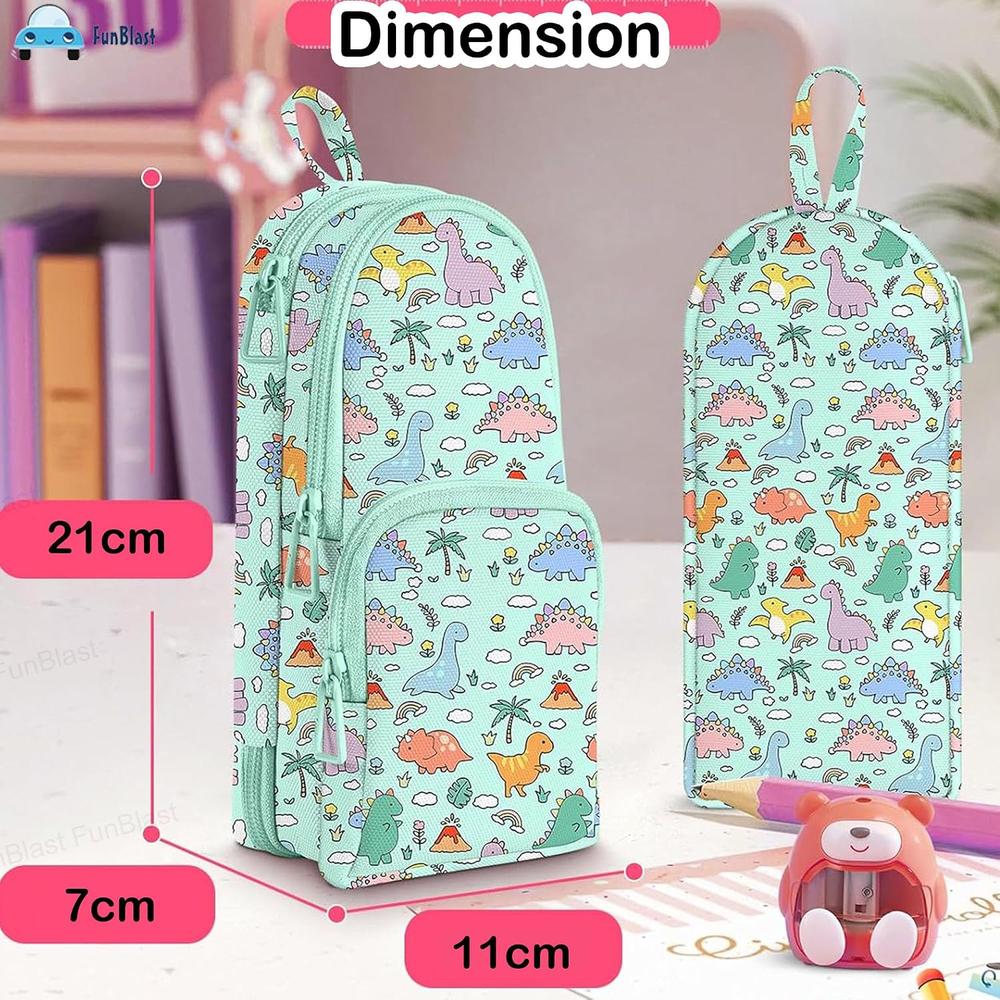 FunBlast Dinosaur Pencil Case | Large Capacity 3-Layer Canvas Hangable Kawaii Pencil Pouch