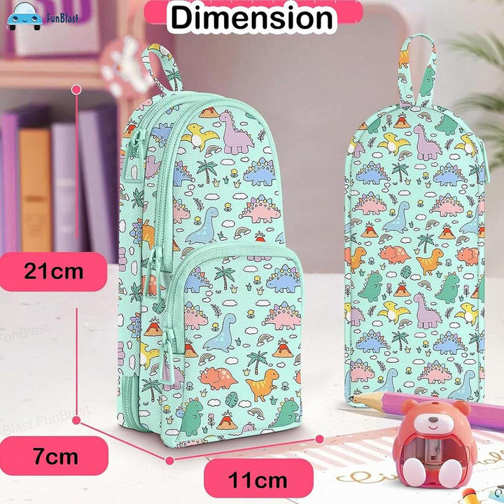 FunBlast Dinosaur Pencil Case | Large Capacity 3-Layer Canvas Hangable Kawaii Pencil Pouch