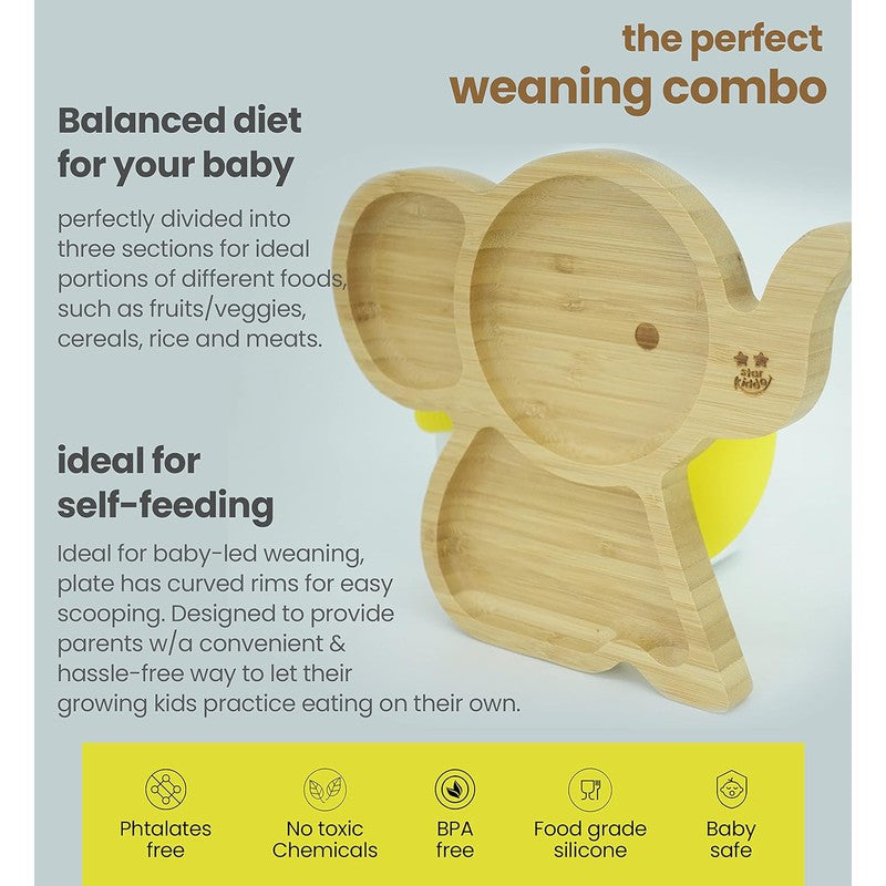 Cute Bamboo Tusker Suction Baby Plate for Kids and Baby-Led Weaning | 3 Sections | Natural Bamboo BPA Free Baby Plate (Yellow)