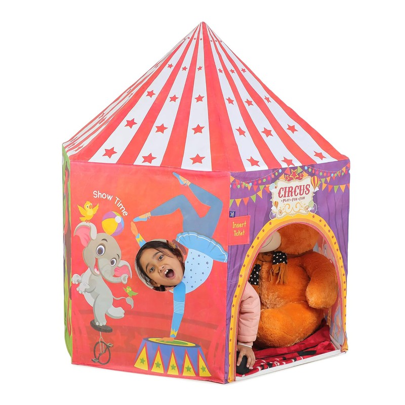 Circus Playhouse Tent for Kids with Hanging LED Light, Peep Holes, Ticket Pocket and Joker Face Mask