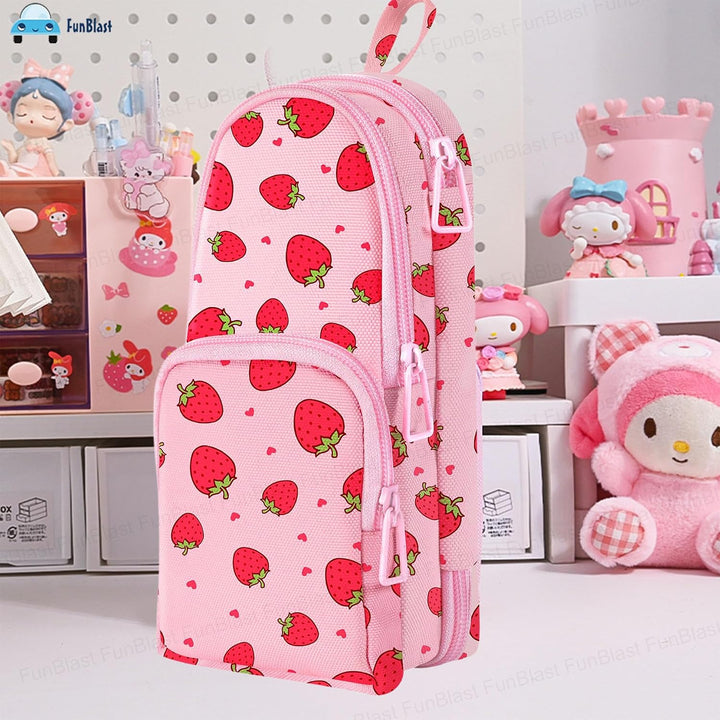 FunBlast Strawberry Pencil Case | Large Capacity 3-Layer Canvas Hangable Kawaii Pencil Pouch