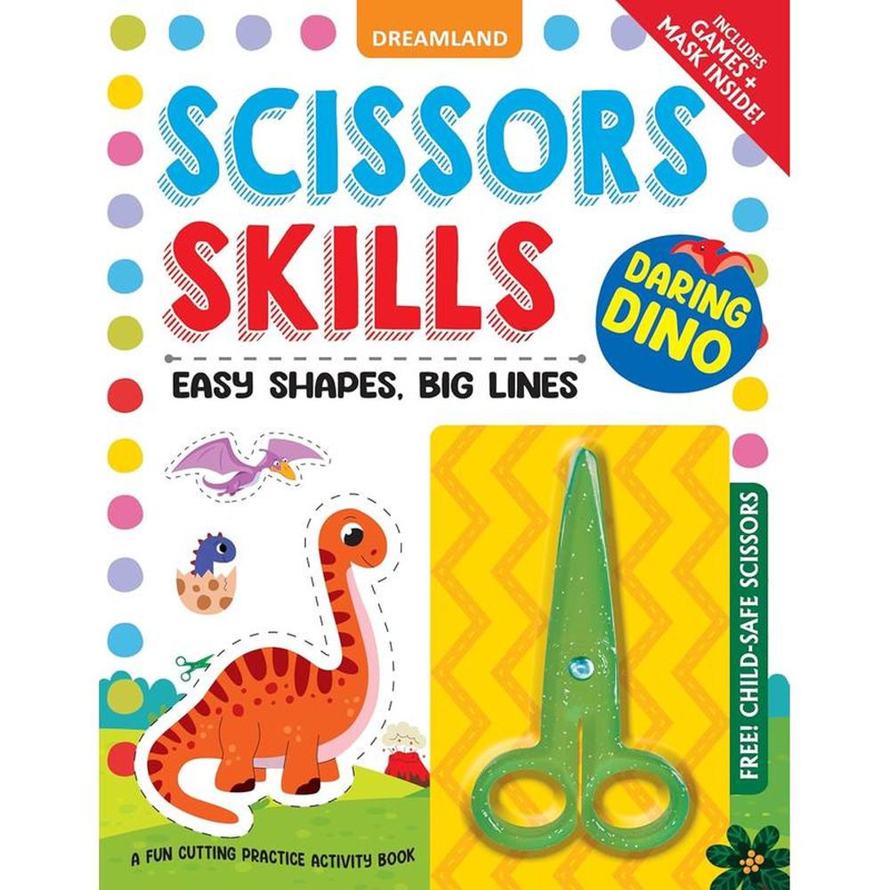 Dreamland Publications Dino Scissors Skills Activity Book with Child Safe Scissors, Games & Mask (4-7 Years)