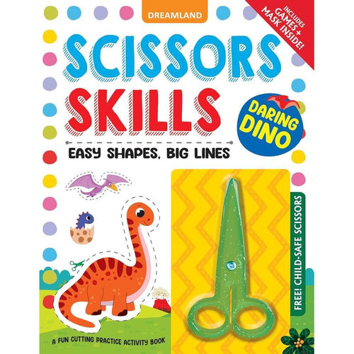 Dreamland Publications Dino Scissors Skills Activity Book with Child Safe Scissors, Games & Mask (4-7 Years)