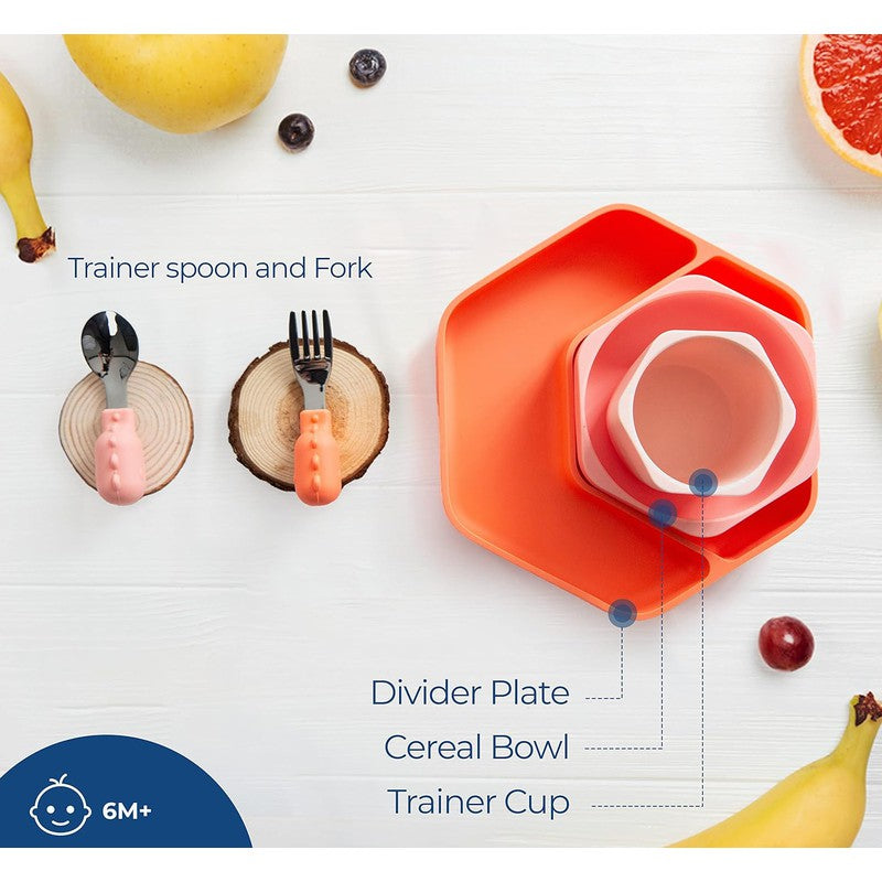 Complete Toddler Feeding Set: Essential Items for Your Little One's Mealtime Delights | Multi-Portion Suction Plate | Suction Bowl | Trainer Cup Spoon & Fork (Amber Magic)